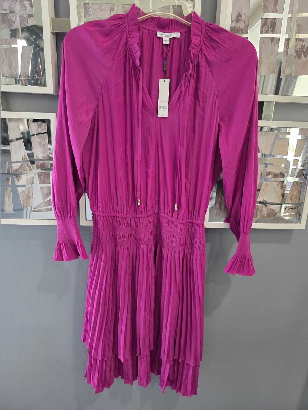 Chico's Fuchsia Pleated Long-Sleeve Dress